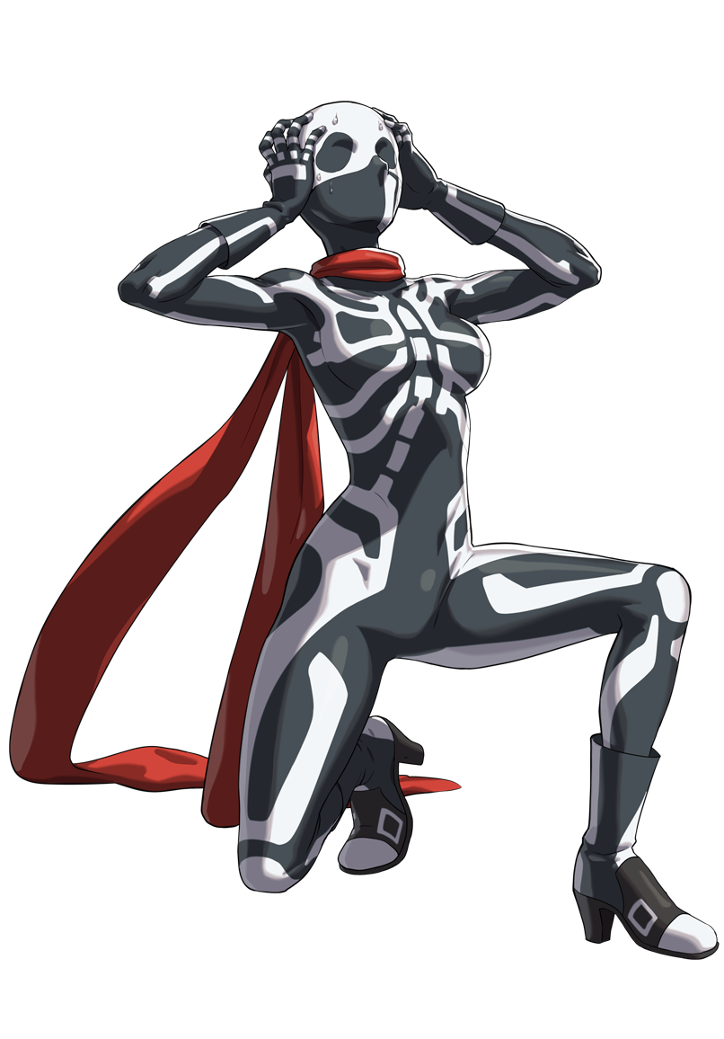 black_bodysuit black_footwear black_gloves bodysuit boots fighting_ex_layer full_body genderswap genderswap_(mtf) gloves hands_on_own_head long_scarf mask official_art ogura_eisuke one_knee red_scarf scarf skeleton_print skullomania snk_heroines:_tag_team_frenzy solo surprised sweat transparent_background zentai