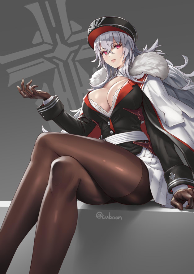 artist_name azur_lane bangs breasts buttons commentary_request crossed_legs cuboon eyebrows_visible_through_hair fur_trim gloves graf_zeppelin_(azur_lane) hat iron_cross large_breasts lips long_hair long_sleeves looking_at_viewer miniskirt pantyhose peaked_cap pleated_skirt red_eyes shiny shiny_clothes shiny_hair shiny_skin signature silver_hair simple_background sitting skirt solo thighs uniform