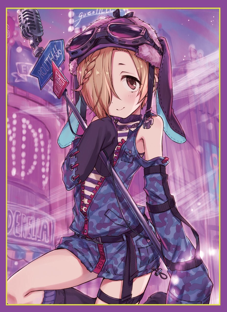 aviator_cap bare_shoulders belt blonde_hair blush boots border braid brown_eyes commentary_request cowboy_shot detached_sleeves ear_piercing goggles goggles_on_headwear hair_over_one_eye highres horizontal_stripes idolmaster idolmaster_cinderella_girls jewelry knee_boots leg_up long_sleeves looking_at_viewer microphone microphone_stand necklace neon_lights piercing purple_border shirasaka_koume short_hair sign sleeves_past_fingers sleeves_past_wrists smile solo striped tamaext thigh_strap unzipped vintage_microphone zipper