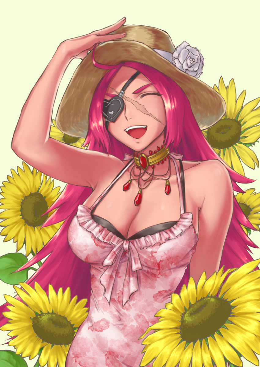 adjusting_clothes adjusting_hat ahoge breasts choker cleavage closed_eyes commentary_request dress eyepatch fate/extella_link fate/extra fate_(series) floral_print flower francis_drake_(fate) hat hat_flower highres izumi_(user_epgx4384) large_breasts long_hair pink_dress pink_hair scar smile solo sun_hat sundress sunflower