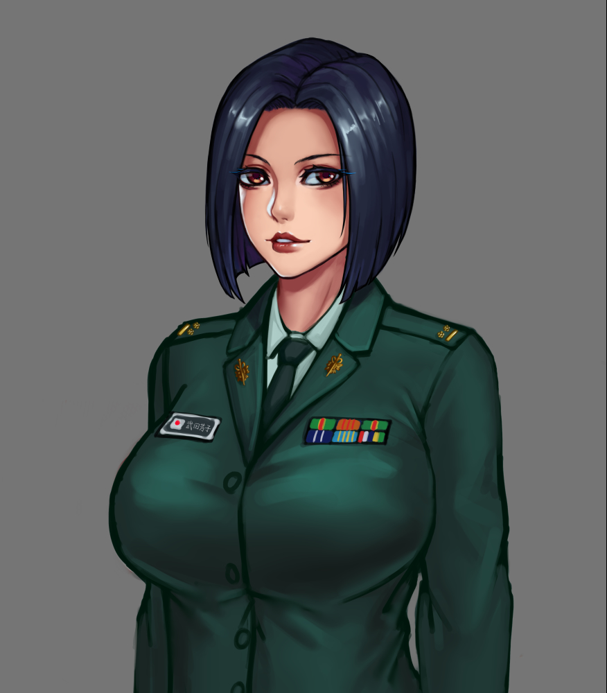 black_hair breasts brown_eyes buttons collared_shirt commentary_request jin_yi_dui large_breasts looking_at_viewer military military_uniform necktie original parted_lips shirt short_hair uniform