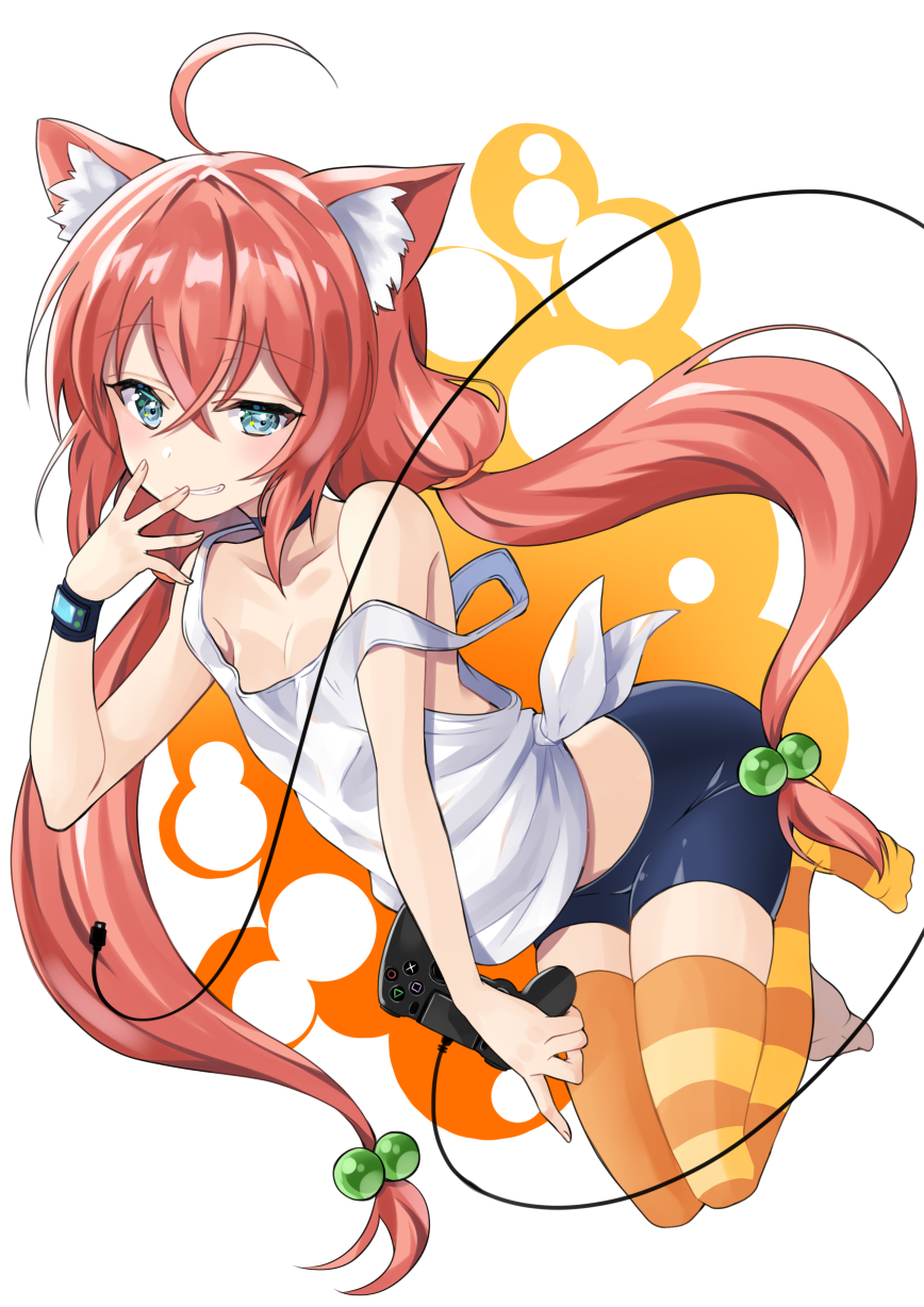 ahoge animal_ears bare_shoulders bike_shorts black_shorts blue_eyes blush cat_ears controller eyebrows_visible_through_hair game_controller gamepad hair_bobbles hair_ornament highres hinata_channel horizontal_stripes long_hair looking_at_viewer low_twintails mismatched_legwear nekomiya_hinata off_shoulder orange_legwear pink_hair ryun025 shorts simple_background smile solo striped striped_legwear tank_top thighhighs twintails very_long_hair virtual_youtuber white_background white_tank_top