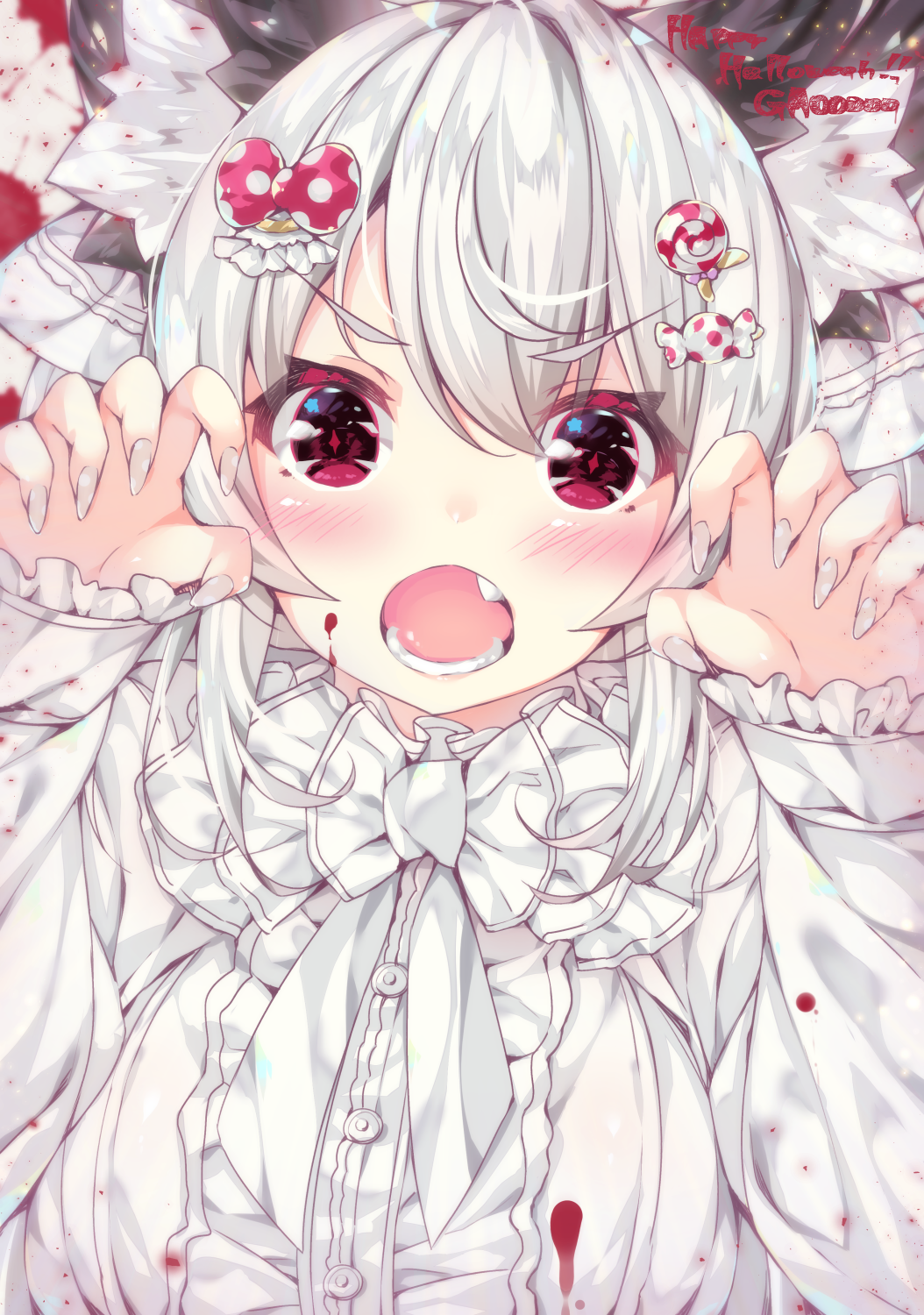 :o animal_ear_fluff animal_ears bangs blood blood_on_face blush bow bowtie buttons cat_ears center_opening claw_pose close-up commentary_request fang fingernails food_themed_hair_ornament frilled_sleeves frills hair_bow hair_ornament hands_up happy_halloween highres long_fingernails long_sleeves looking_at_viewer nail_polish ooji_cha open_mouth original oziko_(ooji_cha) pink_bow polka_dot polka_dot_bow puffy_long_sleeves puffy_sleeves purple_eyes solo sparkling_eyes teeth upper_body v-shaped_eyebrows white_bow white_hair white_nails white_neckwear