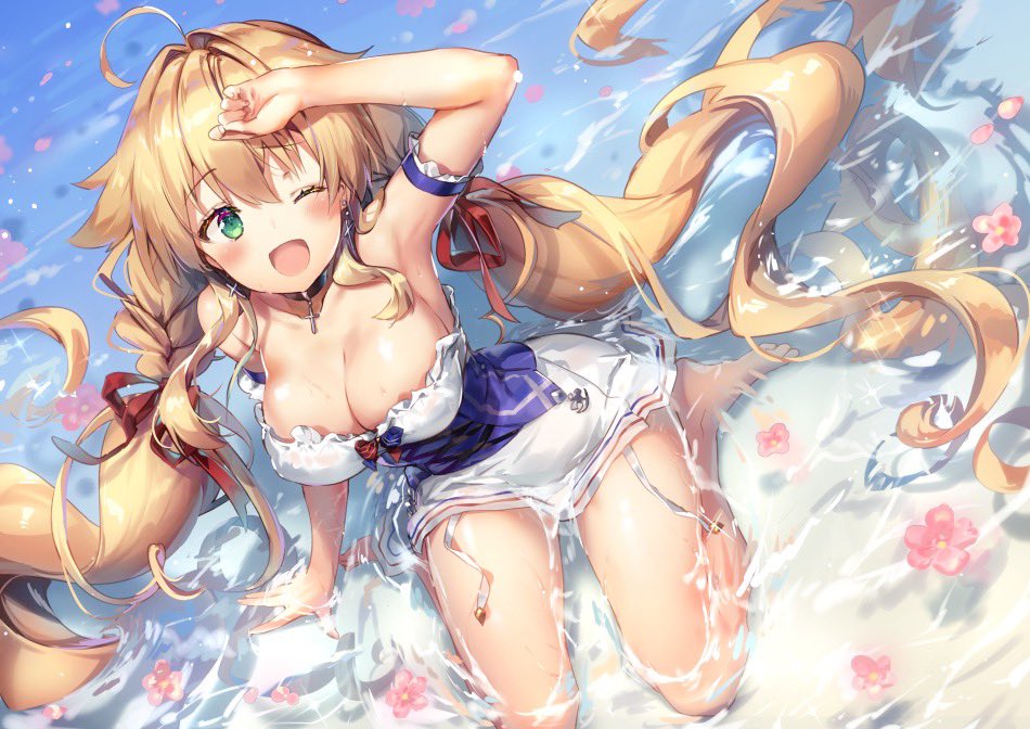 ahoge arm_garter arm_support arm_up armpits azur_lane bangs bare_legs blonde_hair blush bow braid breasts cleavage commentary_request cross cross-laced_clothes cross_choker cross_earrings day earrings eyebrows_visible_through_hair flower frills from_above garter_straps green_eyes hair_intakes horizontal_stripes jewelry large_breasts le_temeraire_(azur_lane) long_hair looking_at_viewer one_eye_closed open_mouth outdoors partially_submerged petals petals_on_liquid red_ribbon ribbon riichu sidelocks sitting skirt solo strapless striped thighs tubetop underbust very_long_hair wariza wet