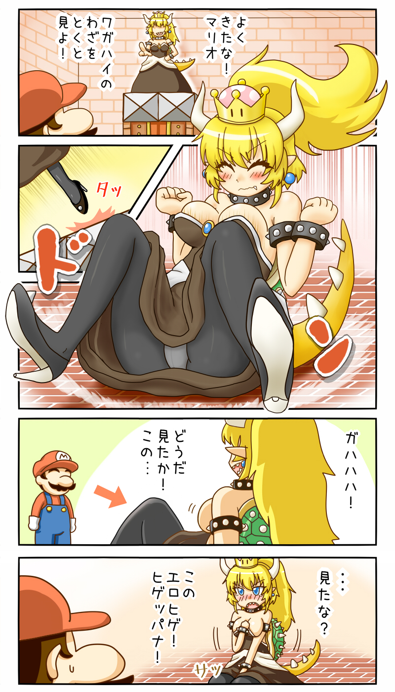 1girl black_dress blonde_hair blue_eyes blue_overalls blush bowsette bracelet brown_hair collar commentary_request covering covering_breasts crown dress earrings facial_hair fallen_down fang gloves high_heels highres jewelry jumping manaa_(kasetsu_sakurasaku) mario mario_(series) mustache new_super_mario_bros._u_deluxe panties panties_under_pantyhose pantyhose pantyshot pointing_finger pointy_ears ponytail red_hair red_shirt sharp_teeth shirt short_hair spiked_armlet spiked_bracelet spiked_collar spiked_shell spiked_tail spikes super_crown super_mario_bros._3 tail teeth translated underwear white_gloves