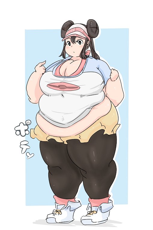 1girl artist_request belly black_eyes breasts brown_hair cleavage creatures_(company) fat full_body game_freak hat huge_breasts mei_(pokemon) nintendo obese pokemon pokemon_(game) pokemon_bw2 solo source_request standing