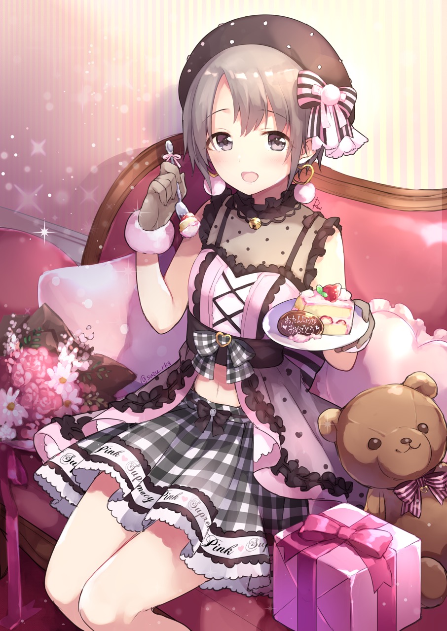 bell beret blush bow box breasts brown_eyes brown_gloves brown_hair brown_hat cake couch earrings flower food fork frilled_pillow frills fur-trimmed_gloves fur_trim gift gift_box gloves grey_bow grey_skirt hair_bow hat heart heart_earrings heart_pillow highres holding holding_fork holding_plate idolmaster idolmaster_cinderella_girls jewelry jingle_bell looking_at_viewer navel on_couch open_mouth otokura_yuuki pillow pink_bow pink_flower pink_rose plaid plaid_bow plaid_skirt plate risui_(suzu_rks) rose see-through shirt sitting skirt sleeveless sleeveless_shirt slice_of_cake small_breasts solo striped striped_bow stuffed_animal stuffed_toy teddy_bear vertical_stripes white_flower