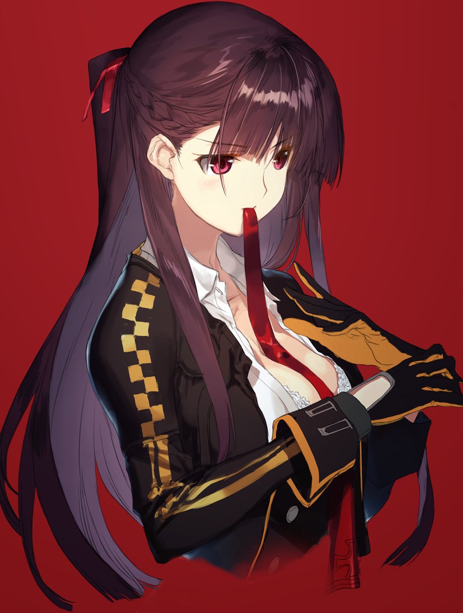 adjusting_clothes adjusting_gloves bangs black_skirt blazer blush bra breasts cleavage collarbone collared_shirt cropped_torso double-breasted eyebrows_visible_through_hair girls_frontline gloves hair_ribbon half_updo high-waist_skirt highres jacket large_breasts lingerie long_hair long_sleeves nakamura_takeshi necktie necktie_on_mouth one_side_up open_blazer open_clothes open_jacket partially_unbuttoned purple_hair red_background red_eyes red_neckwear red_ribbon ribbon shirt sidelocks simple_background skirt solo underwear very_long_hair wa2000_(girls_frontline) white_bra white_shirt