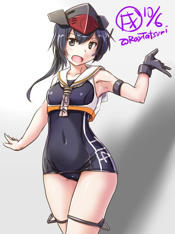 armpits artist_logo asymmetrical_hair black_hair black_swimsuit brown_eyes cowboy_shot crop_top dated framed_breasts gloves hair_between_eyes headphones i-14_(kantai_collection) kantai_collection looking_at_viewer neckerchief one-piece_swimsuit open_mouth partly_fingerless_gloves sailor_collar school_swimsuit short_hair single_glove solo swimsuit tatsumi_ray twitter_username