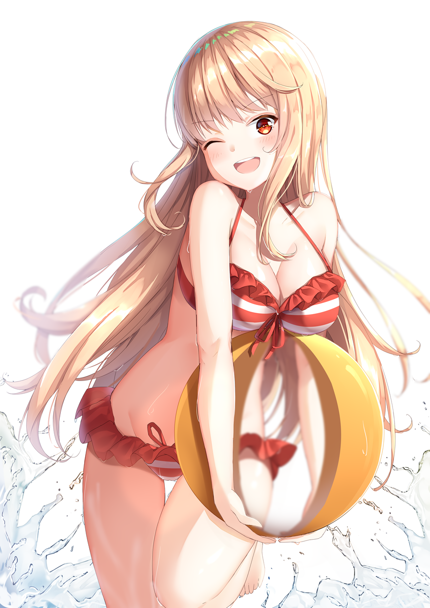 ;d ball bangs bare_arms bare_shoulders barefoot beachball bikini blonde_hair blush breasts cleavage collarbone commentary_request doma_umaru eyebrows_visible_through_hair groin halterneck head_tilt highres himouto!_umaru-chan holding holding_ball large_breasts leg_up long_hair looking_at_viewer one_eye_closed open_mouth orange_eyes red_bikini shiero. shiny shiny_skin simple_background smile solo standing standing_on_one_leg striped striped_bikini swimsuit thighs very_long_hair water wet white_background white_bikini