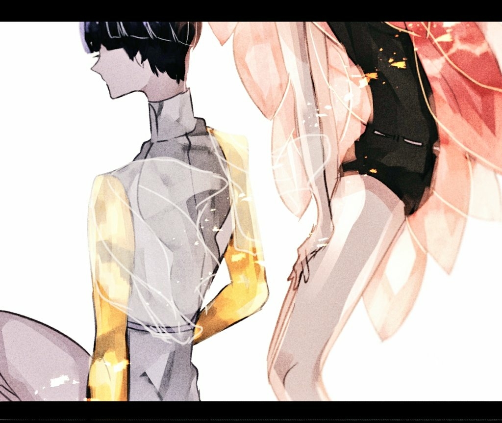 androgynous black_hair blue_hair commentary_request gem_uniform_(houseki_no_kuni) golden_arms houseki_no_kuni letterboxed long_hair morganite_(houseki_no_kuni) multiple_others out_of_frame phosphophyllite phosphophyllite_(ll) pink_hair saku_(saku5991) see-through short_hair sitting spoilers white_background