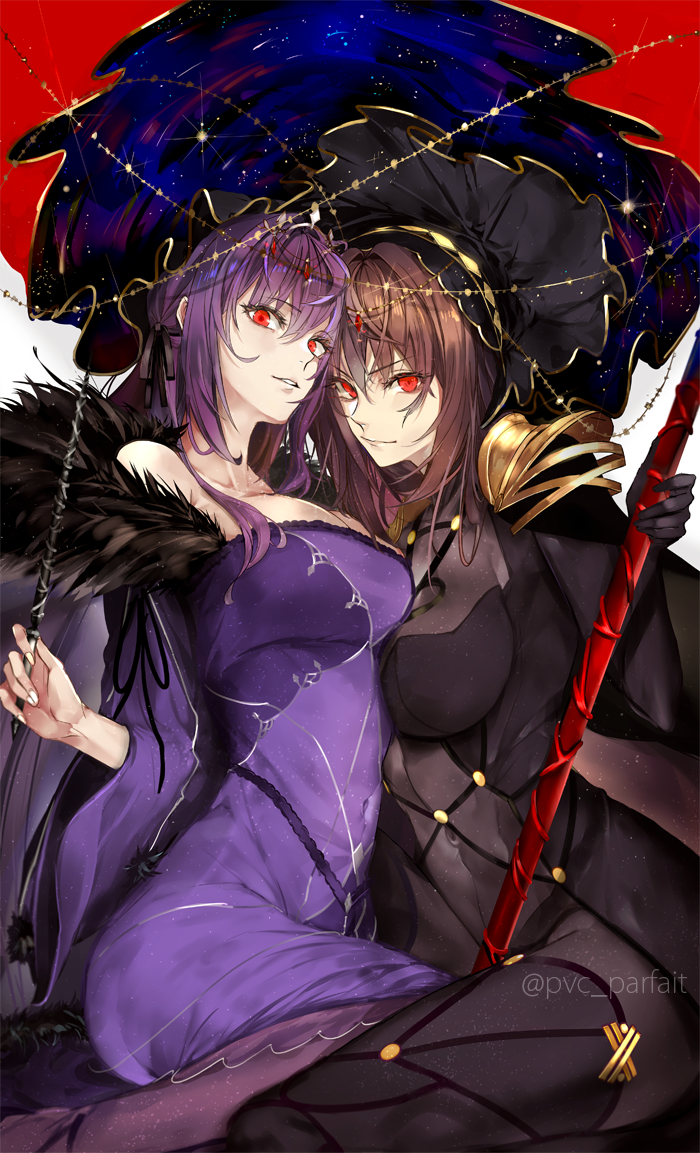 artist_name bangs bare_shoulders black_bodysuit black_ribbon bodysuit breast_press breasts brown_hair closed_mouth commentary covered_navel dress eyebrows_visible_through_hair fate/grand_order fate_(series) fur_trim gae_bolg gem hair_between_eyes hair_ribbon holding holding_spear holding_wand holding_weapon large_breasts long_hair looking_at_viewer md5_mismatch multiple_girls parted_lips pauldrons polearm purple_dress purple_hair pvc_parfait red_eyes ribbon scathach_(fate)_(all) scathach_(fate/grand_order) scathach_skadi_(fate/grand_order) sitting spear veil wand weapon wide_sleeves