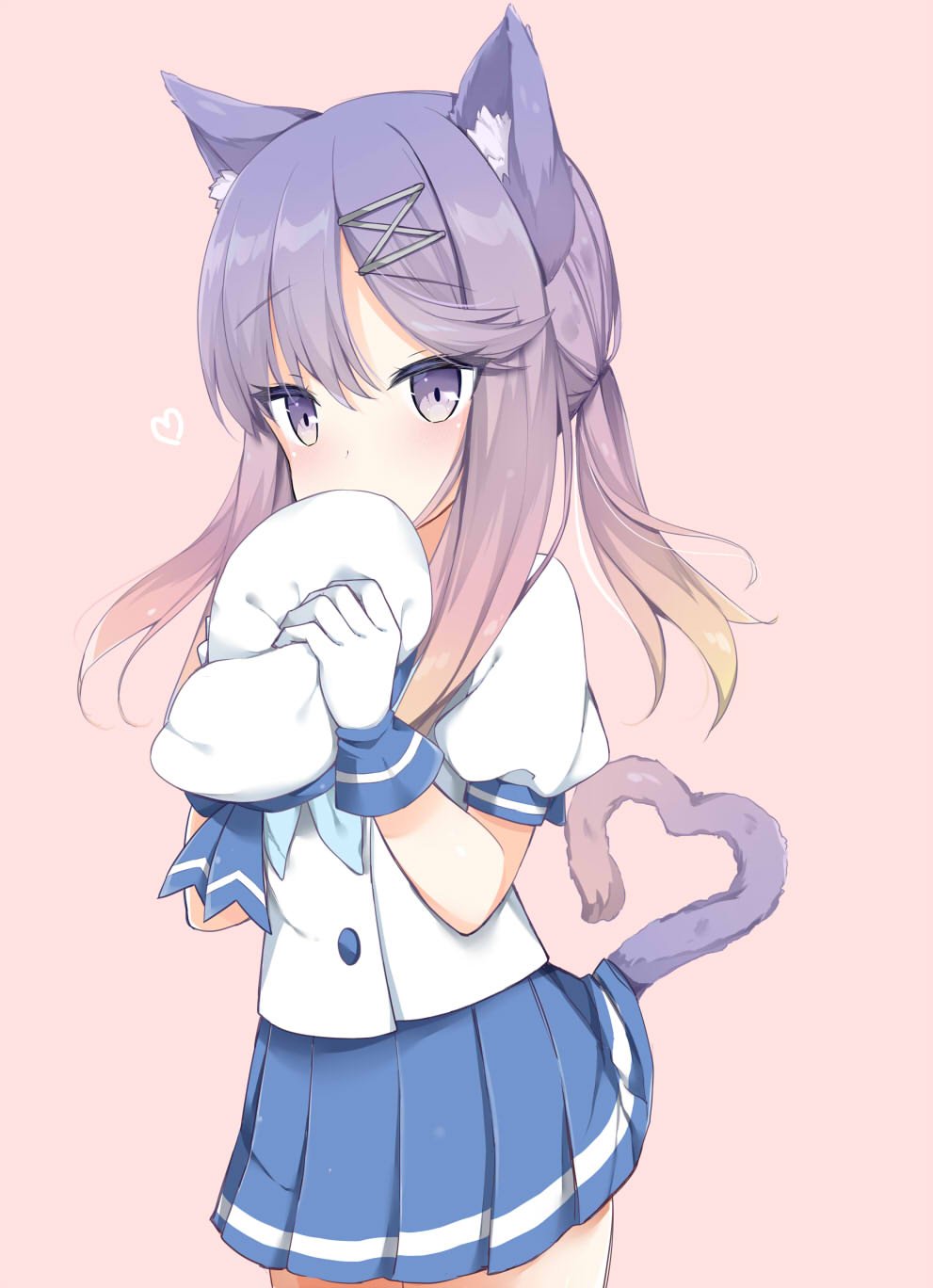 animal_ears bangs blue_neckwear blue_ribbon blue_skirt blush buttons cat_ears cat_tail commentary covered_mouth eyebrows_visible_through_hair gloves gradient_hair hair_between_eyes hair_ornament hat heart heart_tail highres holding kamu_(geeenius) kantai_collection kemonomimi_mode long_hair looking_at_viewer multicolored_hair neckerchief orange_hair pleated_skirt puffy_short_sleeves puffy_sleeves purple_eyes purple_hair ribbon sailor_hat school_uniform serafuku short_sleeves sidelocks simple_background skirt solo standing tail tareme tsushima_(kantai_collection) white_gloves white_hat