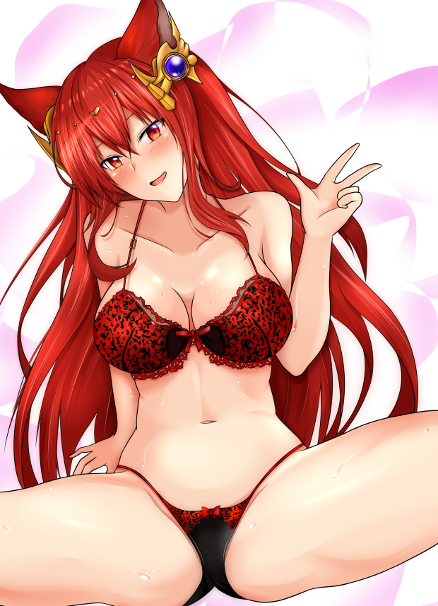 animal_ears anthuria black_panties blush bra breasts cleavage collarbone commentary_request erune granblue_fantasy hair_ornament head_tilt large_breasts long_hair looking_at_viewer magaasha navel open_mouth panties red_bra red_eyes red_hair sitting solo spread_legs underwear underwear_only w