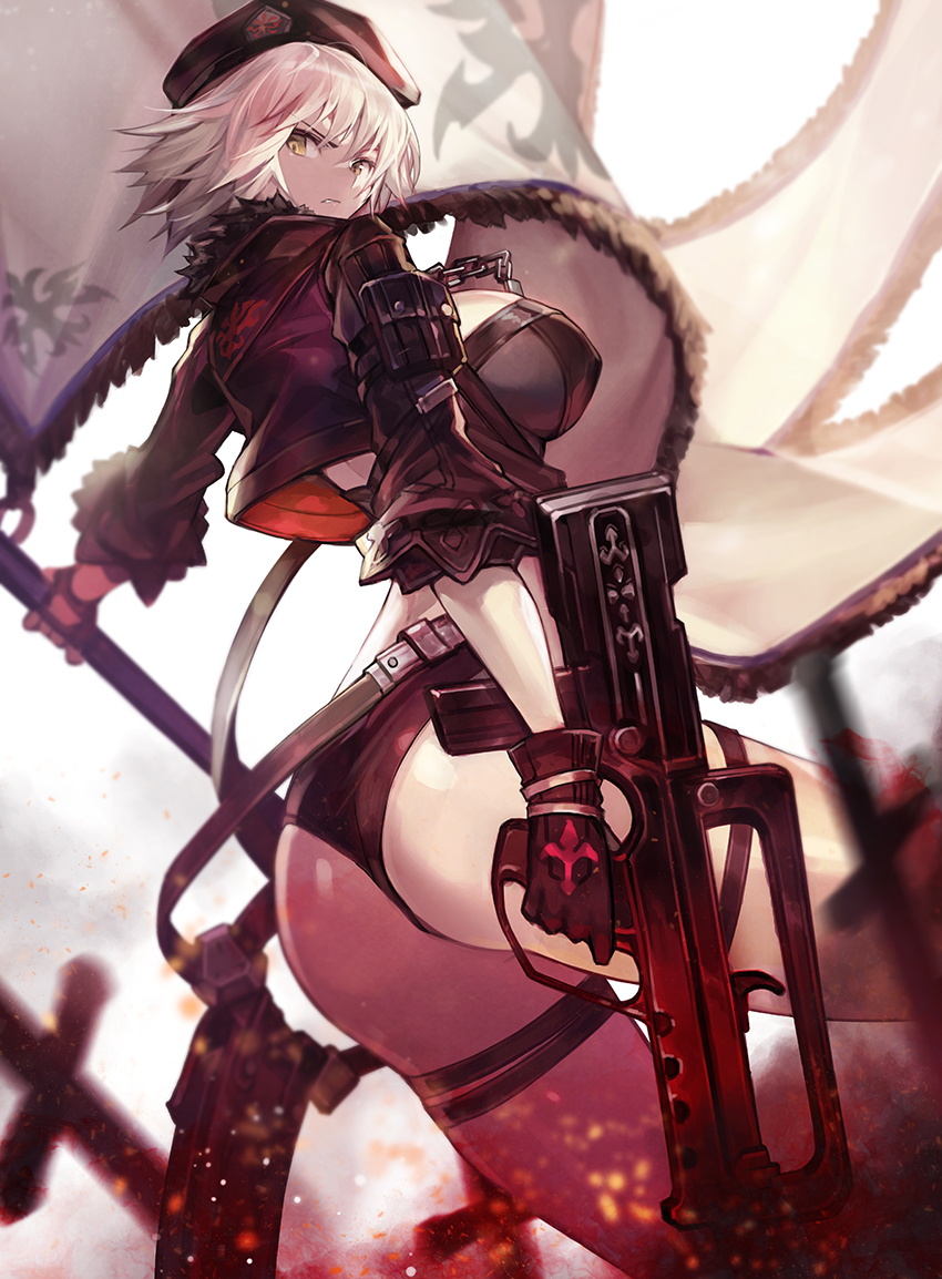 alternate_costume ass assault_rifle back bangs beret black_bikini_bottom black_gloves black_hat black_jacket breasts bullpup chain clenched_teeth commentary_request crop_top cropped_jacket famas fate/grand_order fate_(series) flag fur-trimmed_jacket fur_trim gloves goomrrat gun hat hips jacket jeanne_d'arc_(alter)_(fate) jeanne_d'arc_(fate)_(all) large_breasts looking_at_viewer looking_back rifle short_hair silver_hair solo teeth thigh_strap thighs weapon yellow_eyes