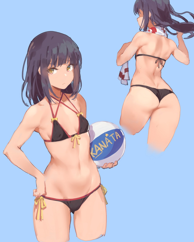 armpits ass ass_visible_through_thighs back ball bangs bare_arms bare_shoulders beachball bikini black_bikini black_hair blue_background blunt_bangs breasts breasts_apart character_name closed_mouth collarbone criss-cross_halter cropped_legs fangdan_runiu front-tie_bikini front-tie_top halterneck hand_on_hip harukana_receive holding holding_ball long_hair multiple_views ribbon shaded_face shoulder_blades side-tie_bikini sidelocks simple_background small_breasts star swimsuit thighs tooi_narumi towel towel_around_neck yellow_eyes yellow_ribbon