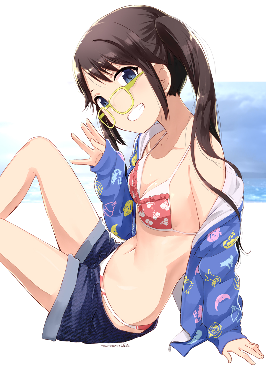 :d arm_support bikini black_hair blue_eyes blue_jacket breasts brown_hair check_character frilled_bikini_top glasses hand_up highres idolmaster idolmaster_shiny_colors jacket knee_up looking_at_viewer mitsumine_yuika nagian navel open_mouth short_shorts shorts side_ponytail sidelocks small_breasts smile solo swimsuit white_background yellow-framed_eyewear zipper