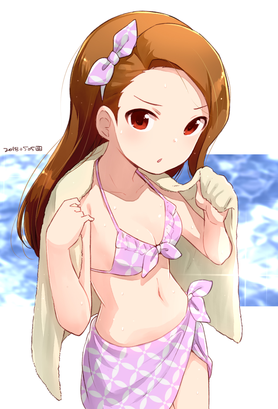 bow breasts brown_eyes brown_hair chestnut_mouth dated hair_bow hands_up highres holding holding_towel idolmaster idolmaster_(classic) long_hair looking_at_viewer minase_iori nagian navel purple_bikini_top small_breasts solo standing towel water