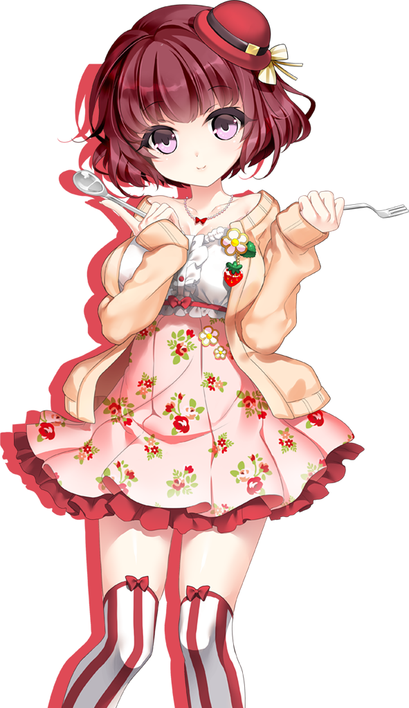 bowler_hat brown_hair circlet_princess_r fork hat jacket jewelry looking_at_viewer mini_hat necklace official_art pink_skirt purple_eyes red_hat short_hair skirt smile solo spoon standing striped striped_legwear thighhighs tilted_headwear transparent_background