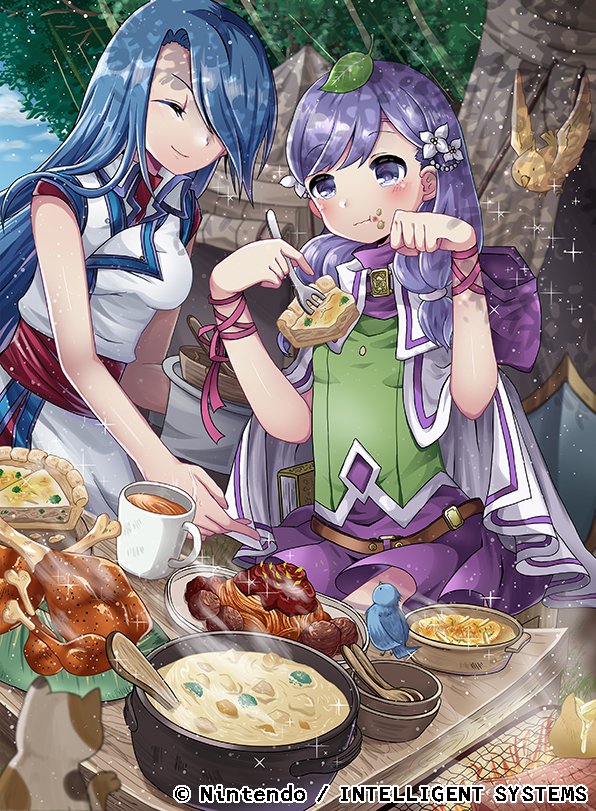 belt bird blue_hair book bowl cape cat closed_eyes closed_mouth commentary_request company_name copyright_name cup eating fire_emblem fire_emblem:_souen_no_kiseki fire_emblem_cipher food food_on_face fork hair_over_one_eye holding holding_fork hood hood_down ilyana kei_s01 leaf long_hair lucia_(fire_emblem) multiple_girls official_art purple_eyes purple_hair purple_skirt skirt smile wooden_spoon