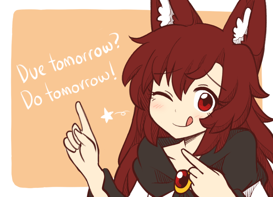 ;q animal_ear_fluff animal_ears bangs blush border brooch brown_hair collarbone commentary dress english english_commentary eyebrows_visible_through_hair hair_between_eyes hands_up imaizumi_kagerou index_fingers_raised jewelry long_sleeves looking_at_viewer one_eye_closed orange_background outside_border pun red_eyes simple_background smile solo star tongue tongue_out touhou upper_body white_border white_dress wolf_ears wool_(miwol)