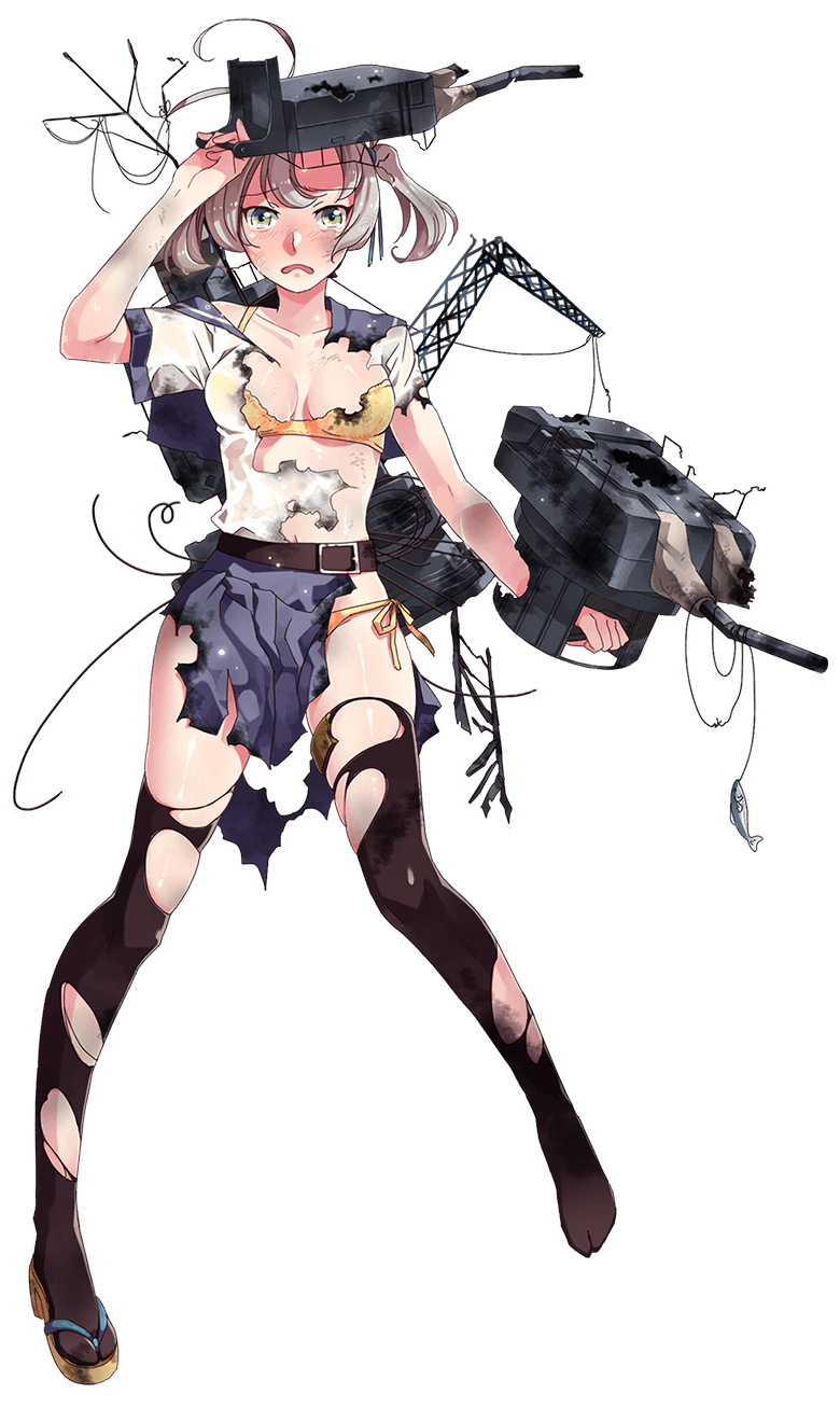 :&lt; ahoge arm_up belt blush bra breasts broken_wires brown_legwear burnt_clothes cleavage crane damaged fish from_side fujikawa full_body green_eyes grey_hair hair_tie highres kantai_collection kinugasa_(kantai_collection) looking_at_viewer navel official_art panties rigging sandals shoes single_shoe skirt smudge solo tearing_up thighhighs thighs torn_clothes torn_legwear torn_skirt transparent_background turret twintails underwear x_x yellow_bra yellow_panties