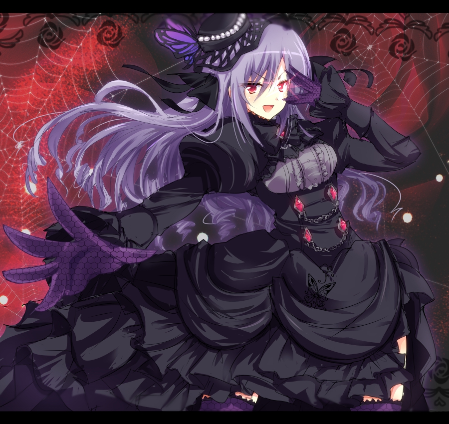 black_dress black_hat breasts butterfly_hat_ornament commentary_request dress gloves glowing glowing_eyes grey_hair hat idolmaster idolmaster_cinderella_girls idolmaster_cinderella_girls_starlight_stage juliet_sleeves kanna543 kanzaki_ranko long_hair long_sleeves medium_breasts outstretched_hand puffy_sleeves purple_gloves purple_legwear red_eyes silk solo spider_web thighhighs tilted_headwear v