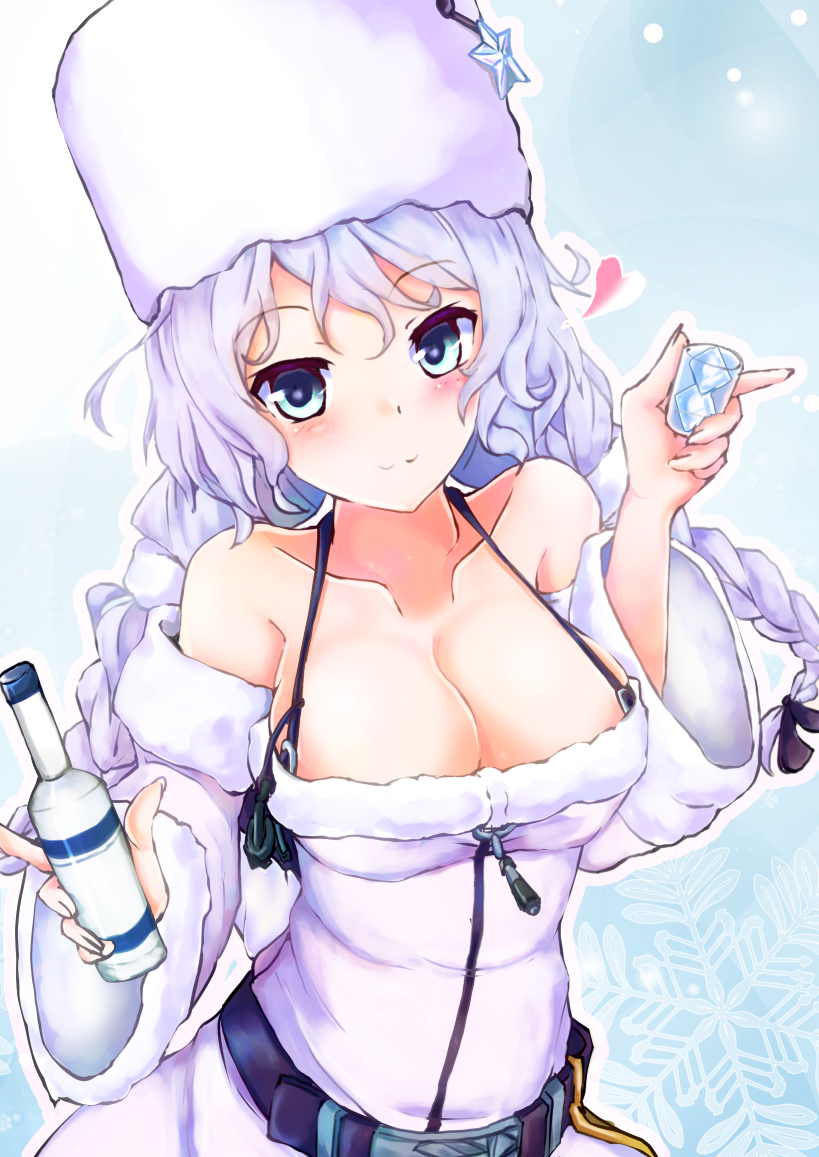 :3 aqua_eyes aurora_(azur_lane) azur_lane bangs bare_shoulders belt blush braid breasts cleavage closed_mouth coat collarbone commentary_request curly_hair detached_sleeves disconnected_mouth eyebrows_visible_through_hair fur-trimmed_coat fur_trim halterneck hat heart high_belt holding large_breasts lavender_coat lavender_hair long_hair long_sleeves looking_at_viewer loose_belt no_bra raised_eyebrows smile snowflakes solo spaghetti_strap tetsuhige twin_braids upper_body very_long_hair white_hat wide_sleeves winter_clothes winter_coat