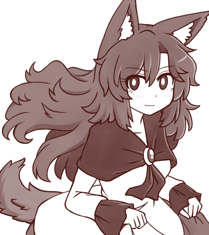 :3 animal_ear_fluff animal_ears bangs blush breasts brooch collarbone commentary dress english_commentary eyebrows_visible_through_hair hair_between_eyes imaizumi_kagerou jewelry long_hair long_sleeves looking_at_viewer medium_breasts monochrome simple_background skirt_hold sleeves_past_wrists smile solo tail touhou upper_body white_background wolf_ears wolf_tail wool_(miwol)