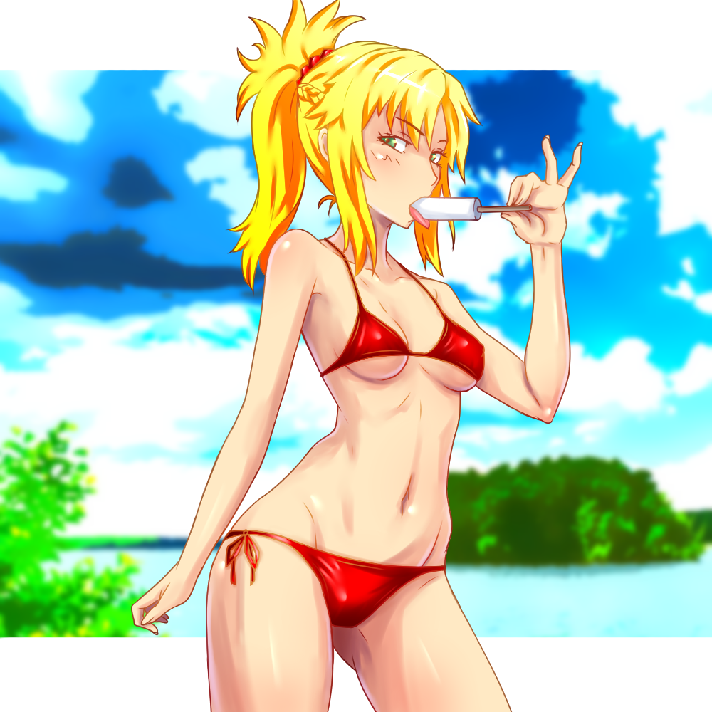 ass_visible_through_thighs bikini blonde_hair blush breasts fate/grand_order fate_(series) food green_eyes legs_apart looking_at_viewer medium_breasts mordred_(fate)_(all) mordred_(swimsuit_rider)_(fate) navel nike_(0306) ponytail popsicle red_bikini side-tie_bikini solo swimsuit tongue tongue_out