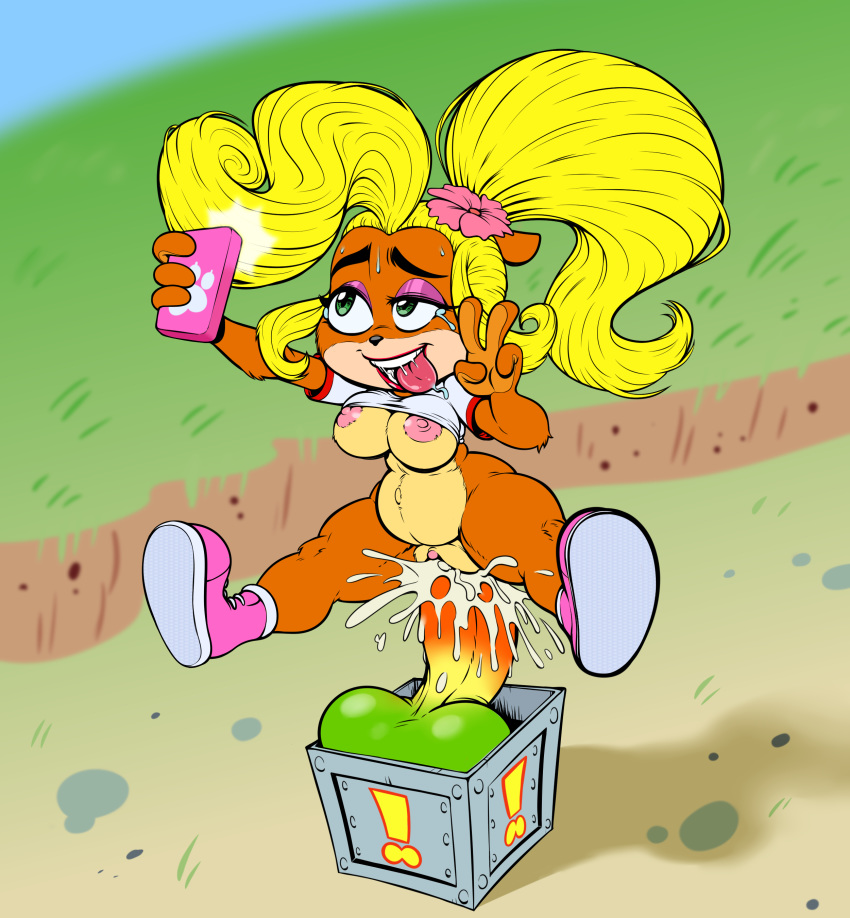 ahegao anthro areola balls bandicoot belly blonde_hair bottomless box breasts cellphone clitoris clothed clothing coco_bandicoot countershading crash_bandicoot_(series) crate crying cum dildo drooling eyebrows eyelashes eyeshadow female flower flower_in_hair footwear fur grass green_eyes hair looking_pleasured makeup mammal marsupial navel nipples orange_fur orgasm outside penetration phone plant pussy saliva selfie sex_toy shirt shoes slightly_chubby solo sweat t-shirt tears teeth tongue tongue_out unknown_artist v_sign vaginal vaginal_penetration video_games