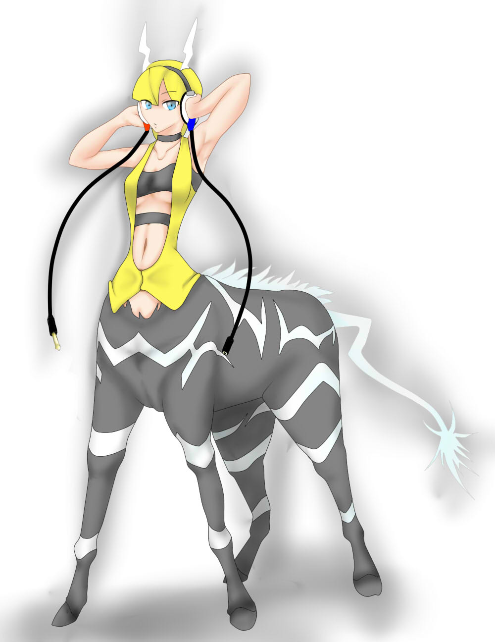 2010 alternate_species blonde_hair blue_eyes centaur elesa_(pok&eacute;mon) equine equine_taur female four_legs fusion hair headphones horn horse horseshoe mammal monster_girl_(genre) nintendo pok&eacute;mon pok&eacute;mon_(species) simple_background solo taur taurification video_games zebstrika きゃべつ