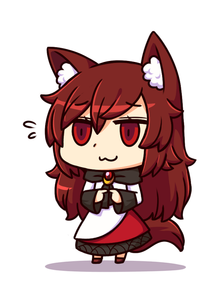:3 animal_ears bangs brooch brown_footwear brown_hair chibi commentary dress english_commentary eyebrows_visible_through_hair fingers_together flying_sweatdrops full_body hair_between_eyes imaizumi_kagerou jewelry long_hair long_sleeves looking_at_viewer red_eyes riyo_(lyomsnpmp)_(style) shadow shoes simple_background smile solo standing tail touhou very_long_hair white_background white_dress wide_sleeves wolf_ears wolf_tail wool_(miwol)