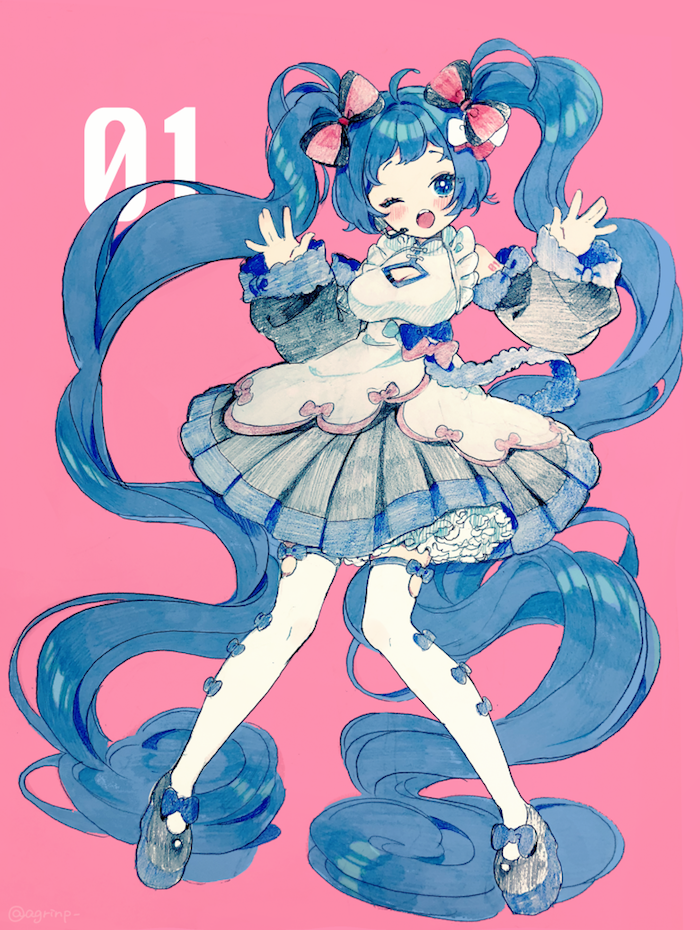 ;o absurdly_long_hair adapted_costume arm_tattoo black_footwear black_skirt black_sleeves blue_bow blue_eyes blue_hair blush bow breasts character_check cleavage detached_sleeves dress hair_bow hatsune_miku head_tilt headset large_breasts long_hair long_sleeves looking_at_viewer number one_eye_closed open_mouth pink_background pleated_dress pleated_skirt puffy_long_sleeves puffy_sleeves red_bow rinndouk round_teeth shoes simple_background skirt sleeves_past_wrists solo striped striped_bow tattoo teeth thighhighs toggles twintails upper_teeth very_long_hair vocaloid white_legwear