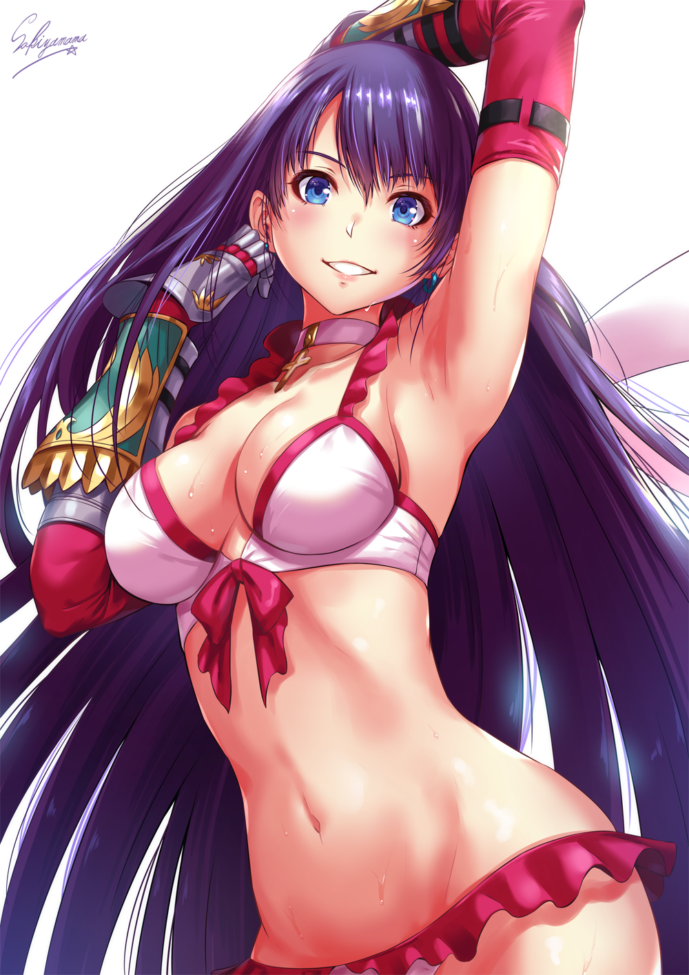 arm_up armpits bangs bikini blue_eyes blush breasts choker cleavage collarbone commentary_request cowboy_shot cross cross_choker earrings elbow_gloves fate/grand_order fate_(series) frilled_bikini frills gauntlets gloves grin groin hand_in_hair highres hips jewelry large_breasts long_hair looking_at_viewer navel purple_hair red_gloves saint_martha saint_martha_(swimsuit_ruler)_(fate) sakiyamama simple_background skindentation sky smile solo sparkle stomach swimsuit wet white_background white_bikini