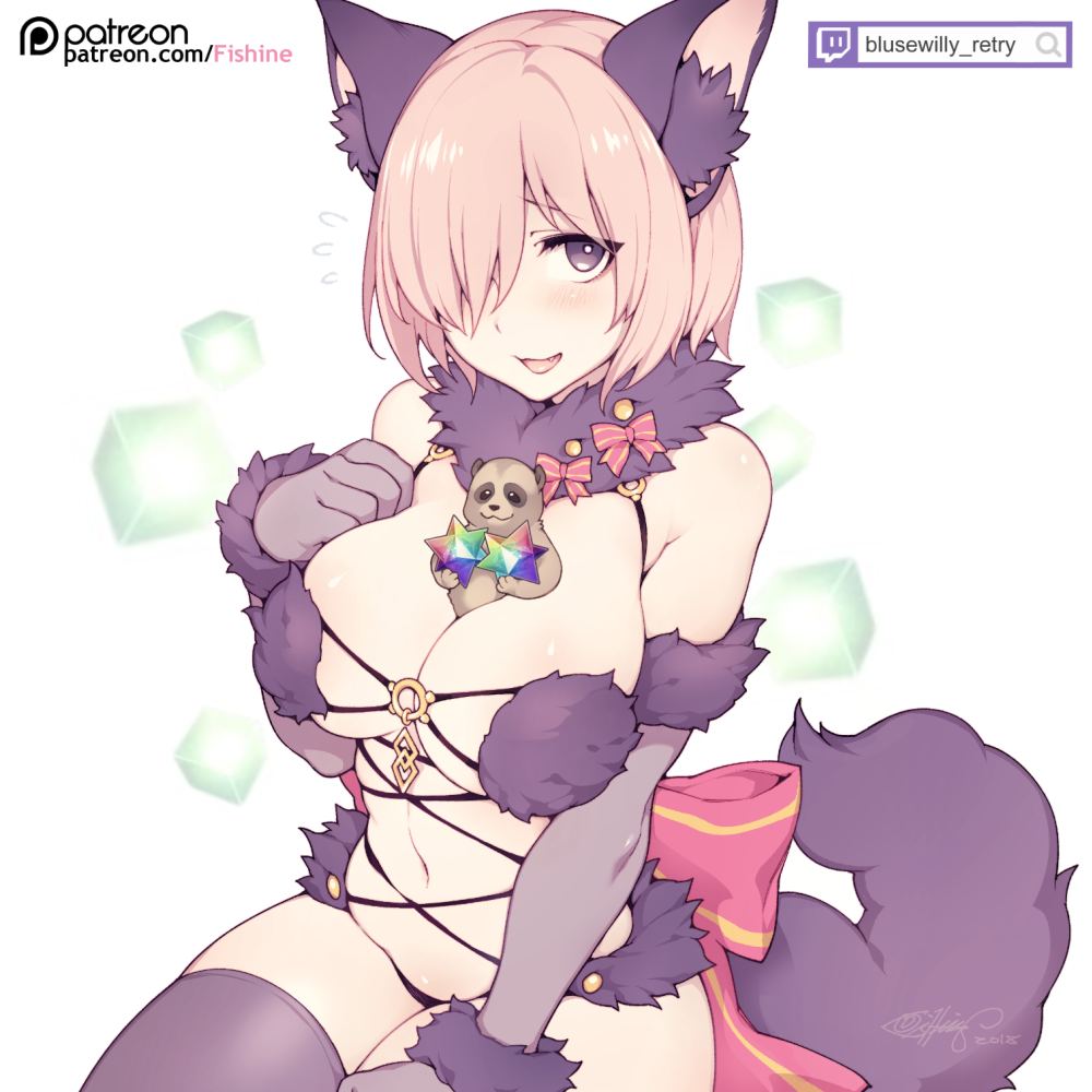 :3 :d animal_ears between_breasts breasts bright_pupils cleavage commentary_request dangerous_beast elbow_gloves fang fate/grand_order fate_(series) fishine flying_sweatdrops fur_trim gloves hair_over_one_eye hand_on_own_chest large_breasts looking_at_viewer mash_kyrielight navel open_mouth pink_hair purple_eyes purple_gloves purple_legwear saint_quartz short_hair sitting smile solo tail thighhighs white_pupils