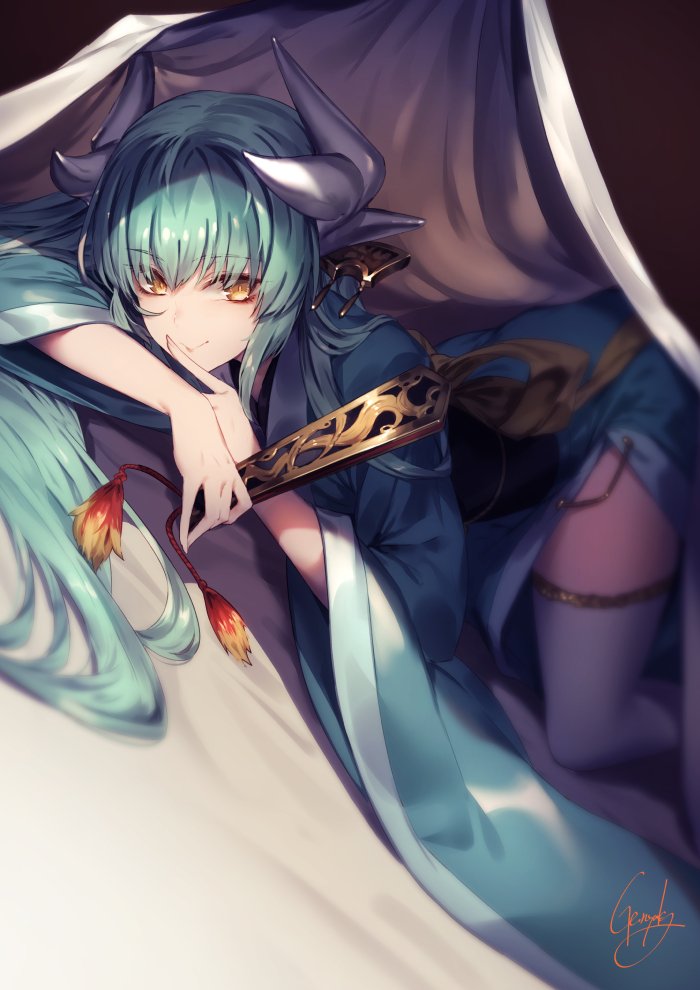 aqua_hair bangs blush breasts curtains eyebrows_visible_through_hair fan fate/grand_order fate_(series) folding_fan hair_between_eyes holding holding_fan horns japanese_clothes kimono kiyohime_(fate/grand_order) kyouya_(mukuro238) large_breasts long_hair looking_at_viewer lying on_bed sidelocks signature smile solo thighs top-down_bottom-up very_long_hair white_legwear wide_sleeves yellow_eyes