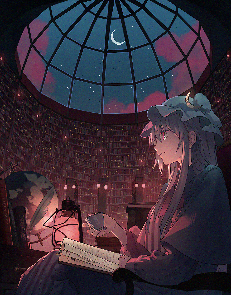 arm_rest book bookshelf chair cloud crescent crescent_hair_ornament crescent_moon cup desk dome double_bun dress expressionless eyebrows_visible_through_hair from_side globe hair_ornament hand_up hat highres indoors inkwell lantern library long_hair looking_to_the_side mob_cap moon night night_sky open_book ouka_musci patchouli_knowledge pink_eyes profile purple_hair quill robe sconce sitting sky solo star_(sky) striped striped_dress teacup touhou very_long_hair