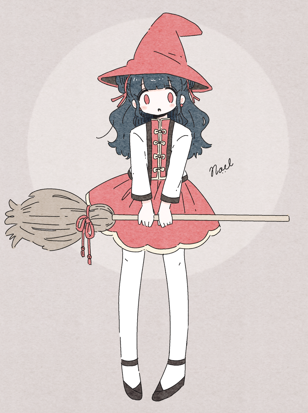 bangs blush bow broom brown_background earrings full_body hat highres holding holding_broom jewelry long_hair long_sleeves no_nose noeru_(noellemonade) open_mouth original red_bow red_earrings red_eyes red_hat signature solo standing witch witch_hat