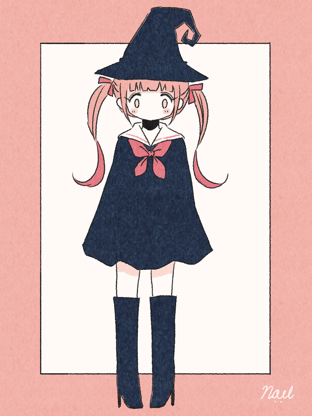 black_hat boots border full_body hat high_heel_boots high_heels highres long_hair neckerchief no_arms no_mouth no_nose noeru_(noellemonade) original pink_border pink_eyes pink_hair red_neckwear signature solo standing twintails witch_hat