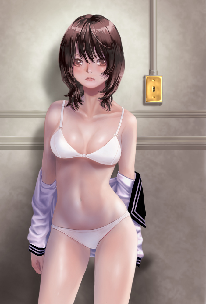 blush bra breasts brown_eyes brown_hair collarbone frown indoors light_switch medium_breasts medium_hair navel non_(6nezuuyamar9) original panties school_uniform serafuku standing underwear undressing white_bra white_panties