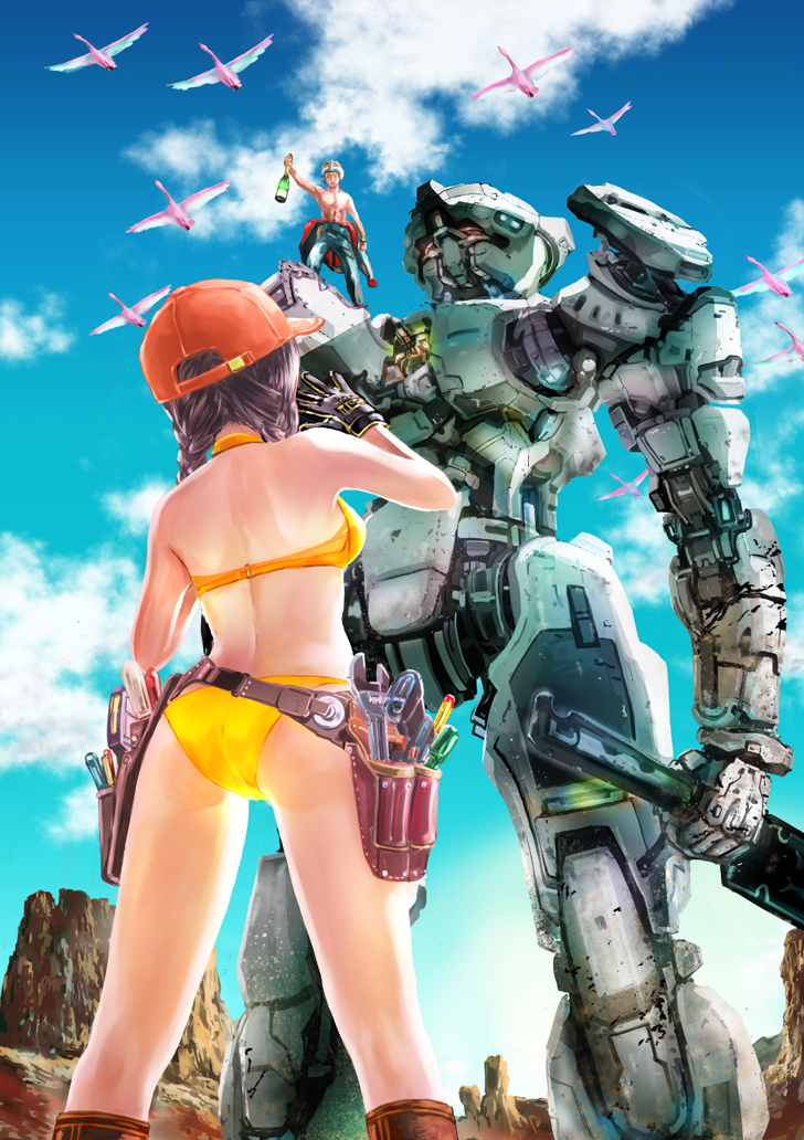 1girl ass bare_shoulders baseball_cap belt belt_pouch bikini bird black_gloves blue_pants blue_sky braid brown_hair butte cloud day facing_away gloves hat mecha no_shirt non_(6nezuuyamar9) original outdoors pants pouch red_hat robot sky standing swimsuit twin_braids wrench yellow_bikini