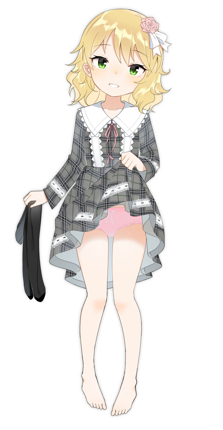 bad_id bad_pixiv_id bare_legs barefoot black_legwear blonde_hair blush bow bow_panties flower full_body green_eyes grey_shirt grey_skirt hair_bow hair_flower hair_ornament head_tilt highres holding_clothes idolmaster idolmaster_cinderella_girls lifted_by_self long_hair looking_at_viewer neck_ribbon noria panties parted_lips pink_flower pink_panties pink_ribbon pink_rose plaid plaid_shirt plaid_skirt pleated_skirt ribbon rose sakurai_momoka shirt simple_background skirt skirt_lift skirt_set smile solo standing thighhighs thighhighs_removed underwear white_background white_bow