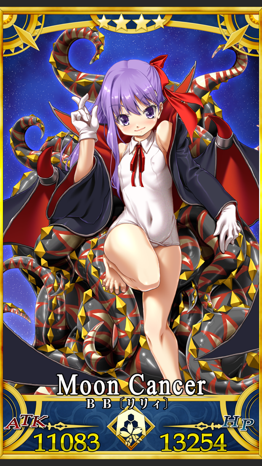 barefoot bb_(fate)_(all) bb_(swimsuit_mooncancer)_(fate) black_coat card_(medium) covered_navel fate/grand_order fate_(series) gloves hair_ribbon long_hair looking_at_viewer popped_collar purple_eyes purple_hair ribbon school_swimsuit smile solo swimsuit tentacles utage_nicholas vampire_costume white_gloves white_school_swimsuit white_swimsuit younger