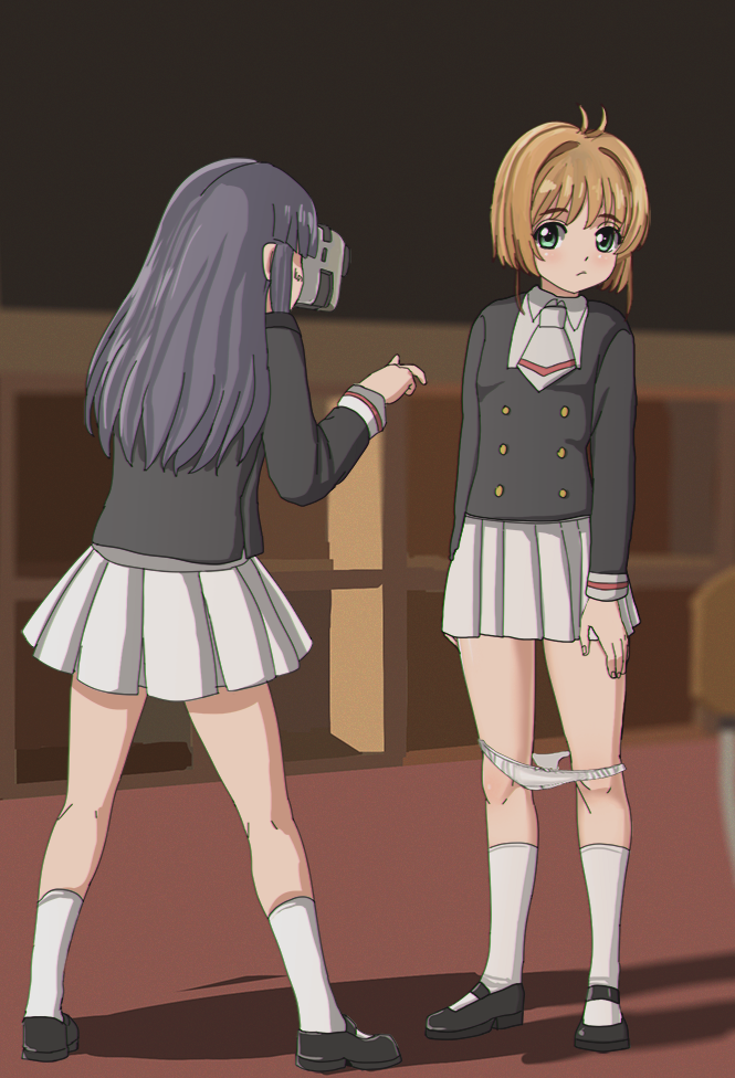 2girls antenna_hair armad bangs black_footwear black_jacket blazer blonde_hair blunt_bangs blush camera card_captor_sakura closed_mouth daidouji_tomoyo eyebrows_visible_through_hair female from_behind full_body green_eyes holding indoors jacket kinomoto_sakura kneehighs legs_apart long_hair long_sleeves looking_at_another mary_janes miniskirt multiple_girls necktie panties panty_pull pleated_skirt pointing purple_hair recording school_uniform shiny shiny_hair shirt shoes short_hair skirt standing underwear video_camera white_legwear white_neckwear white_panties white_shirt white_skirt