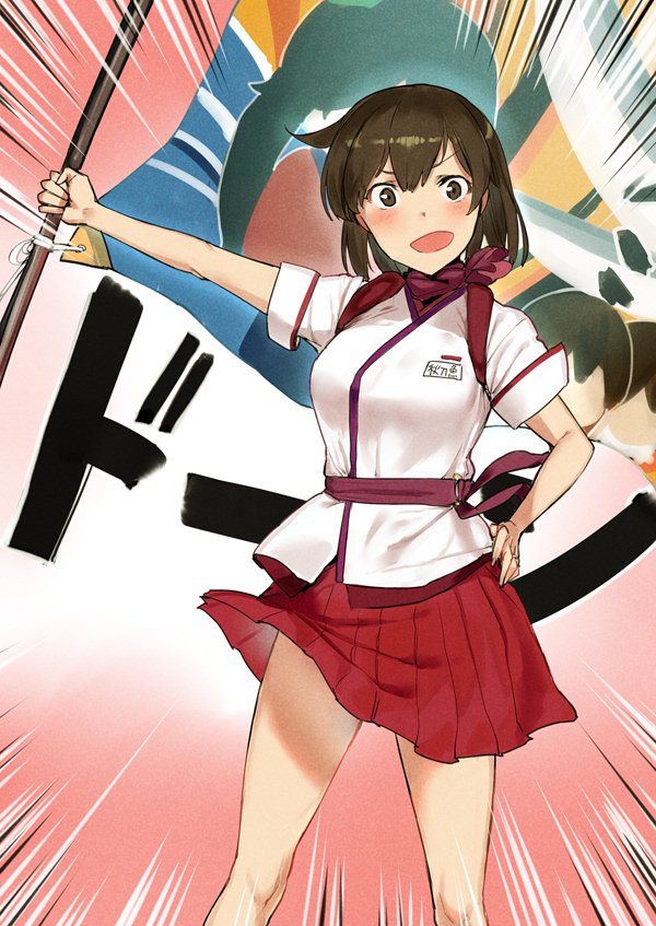 ascot brown_eyes brown_hair commentary_request emphasis_lines employee_uniform feet_out_of_frame flight_attendant gradient gradient_background hand_on_hip hiryuu_(kantai_collection) kantai_collection looking_at_viewer open_mouth peach_(airline) pleated_skirt poco_(backboa) purple_neckwear red_background red_skirt sash short_hair skirt solo standing uniform