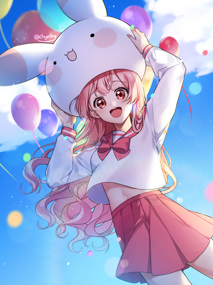 :d animal_ears animal_hat arms_up balloon bangs blue_sky blush bunny_ears bunny_hat chyoling cloud commentary day dutch_angle eyebrows_visible_through_hair hat long_hair long_sleeves open_mouth original outdoors pink_hair pleated_skirt red_eyes red_sailor_collar red_skirt round_teeth sailor_collar school_uniform serafuku shirt skirt sky smile solo symbol_commentary teeth twitter_username upper_teeth very_long_hair white_shirt