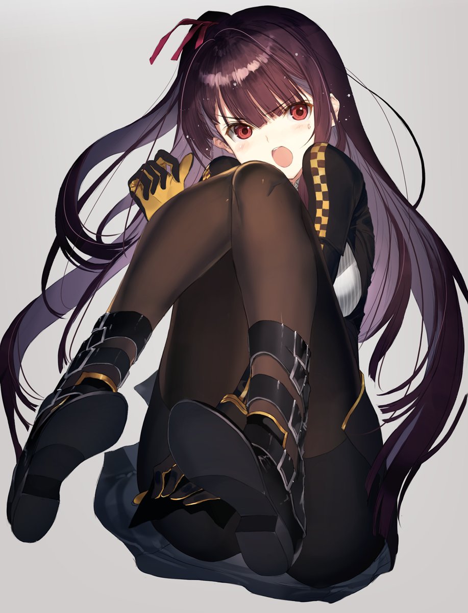 bike_shorts black_footwear black_gloves black_legwear black_skirt blazer collared_shirt commentary girls_frontline gloves highres jacket long_hair looking_at_viewer nakamura_takeshi open_mouth pantyhose purple_hair red_eyes red_ribbon ribbon shirt shoes shorts shorts_under_skirt skirt solo tsurime wa2000_(girls_frontline)