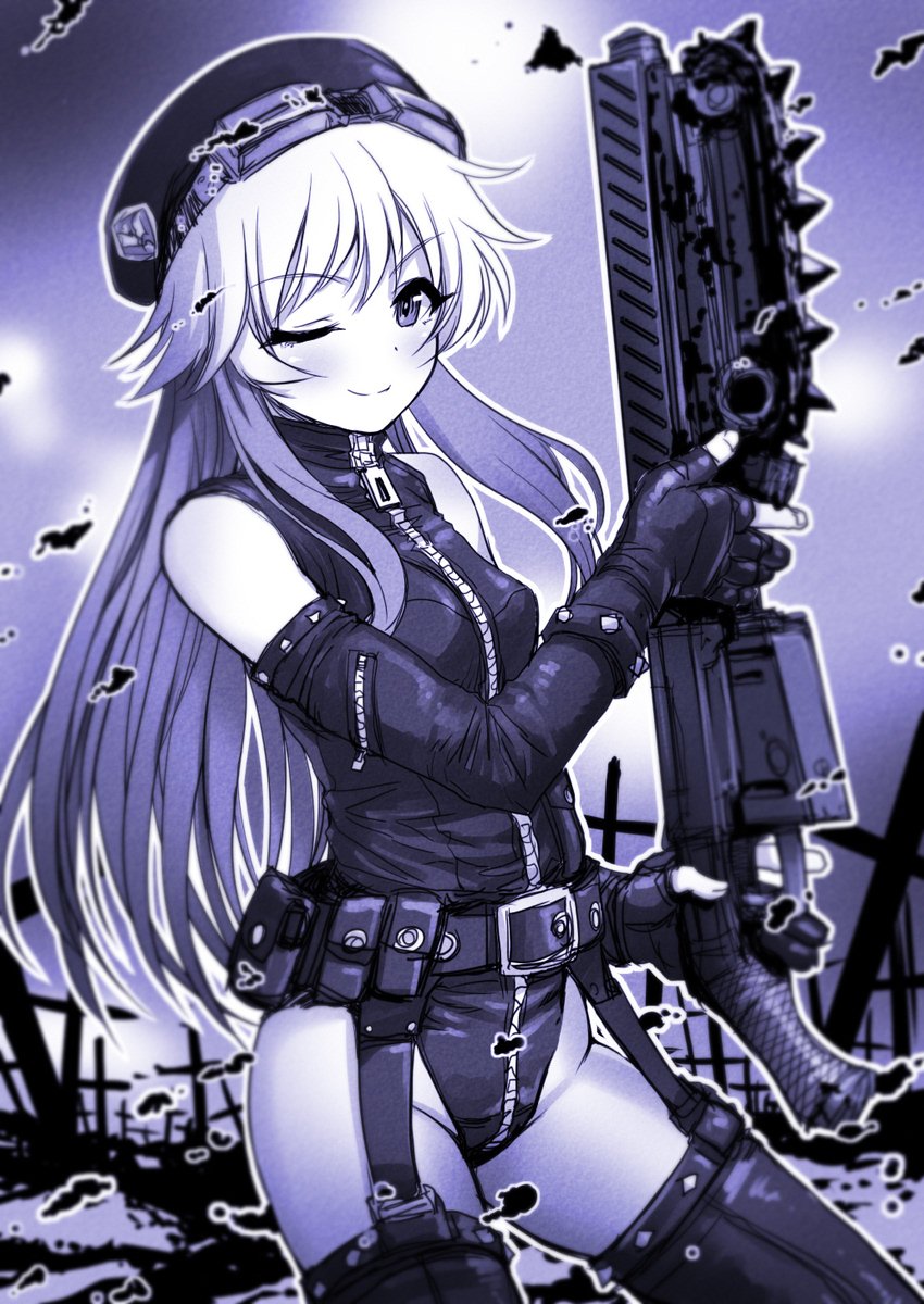 ;) armlet backlighting bangs bare_shoulders belt belt_pouch blush bracelet breasts closed_mouth commentary_request cowboy_shot cross elbow_gloves eyebrows_visible_through_hair garter_straps gloves goggles goggles_on_headwear groin gun hat highleg highleg_leotard highres holding holding_gun holding_weapon idolmaster idolmaster_cinderella_girls jewelry leather leotard long_hair looking_at_viewer monochrome ninomiya_asuka one_eye_closed partly_fingerless_gloves pouch purple sakaki_imasato sidelocks small_breasts smile solo straight_hair studded_armlet studded_bracelet thighhighs very_long_hair weapon zipper zipper_pull_tab
