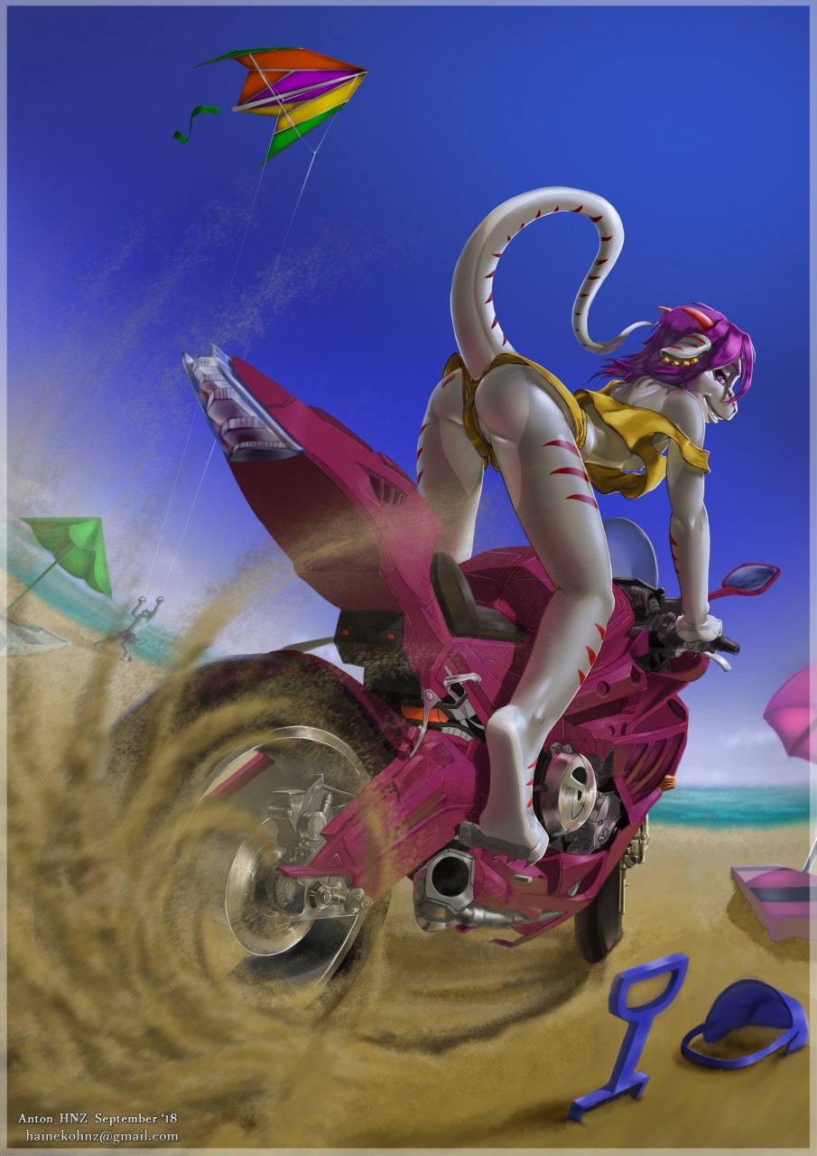anthro beach bike_(disambiguation) darkdragon4 dragon draki girly hnz invalid_tag kite male motorcycle print sand sea seaside sky skyline summer vehicle water